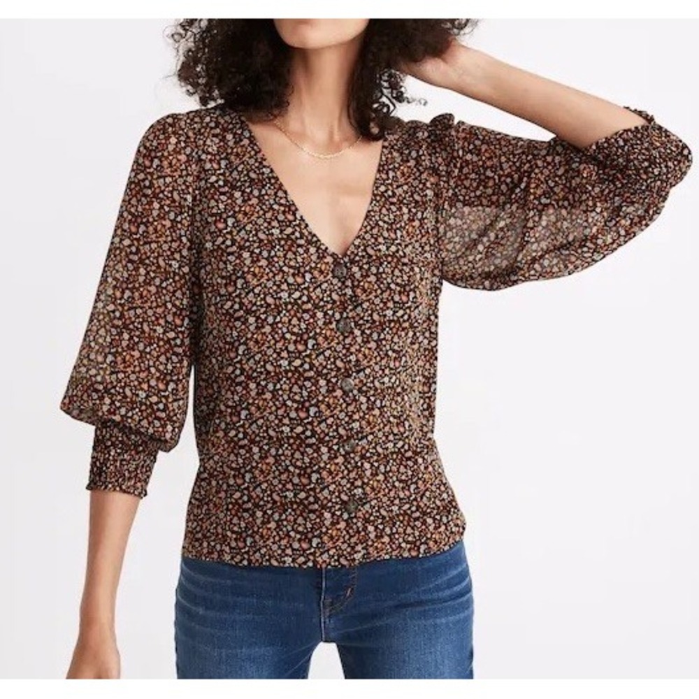Madewell (Re)sourced Georgette Smocked-Cuff‎ Button-Front Shirt Paisley Sz 00
